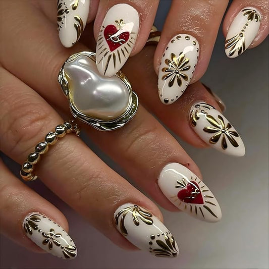 Press on Nails Medium Almond Fake Nails 3d Gold Chrome Flower Acrylic Nails with Red Heart Designs Glossy White Glue on Nails Full Cover Artificial Stick on Nails for Women Manicure 24Pcs