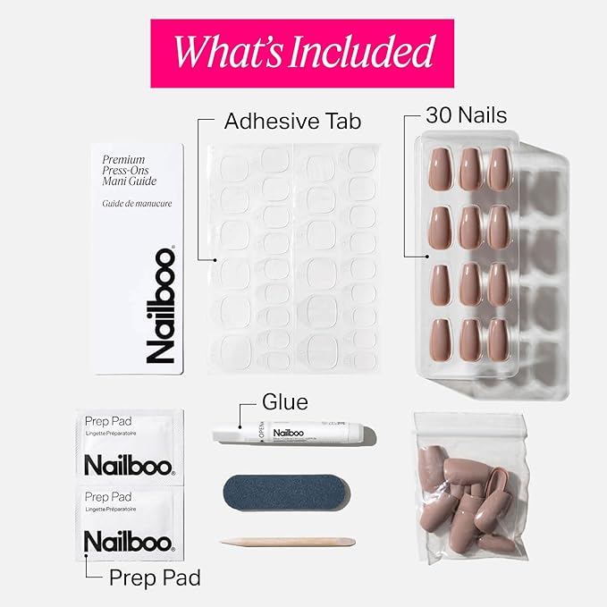 Nailboo Press On Nails, Salon-Quality Reusable Fake Nails for Fast DIY Manicure with Strong Hold Nail Glue for Press Ons, Nail File, & Alcohol Prep Pads, Bear Necessities