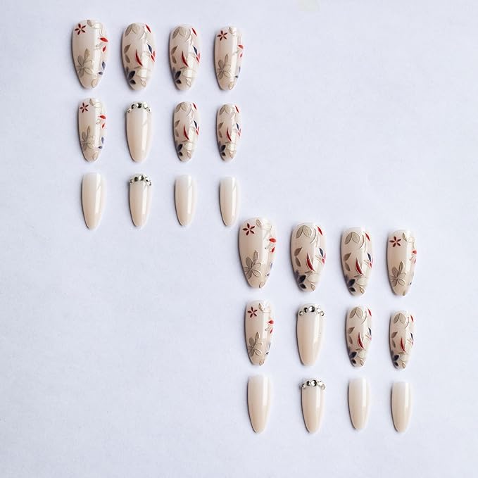 Almond Press on Nails Medium Flowers Fake Nails Glossy Nude False Nails with Floral Acrylic Nails Rhinestone Artificial Nails for Women Girls Nails Decoration 24Pcs