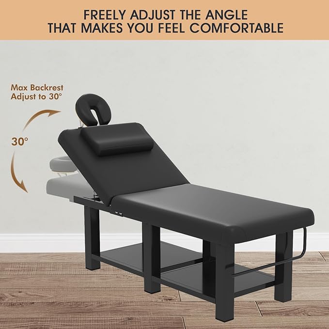 Heavy Duty Wide Stationary Massage Table Metal Frame PU Leather Spa Facial Professional Adjustable Massage Bed with Open-Chest & Headrest for Treatment Physical Therapy Tatoo Salon Equipment