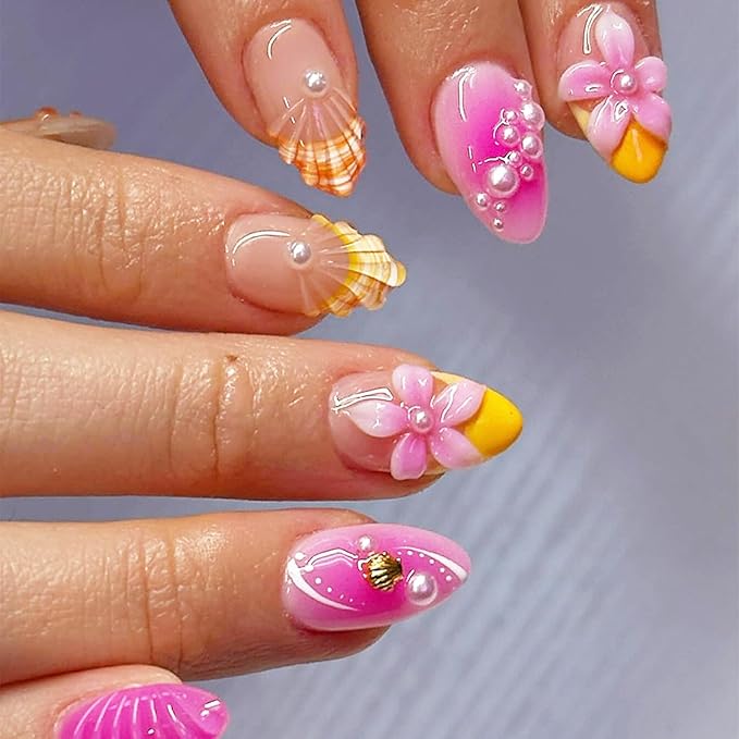 24 Pcs Pink Flower Press on Nails Medium Almond Fake Nails with 3D Shell Pearl Designs French Tip False Nails Kit Summer Beach Nails Floral Full Cover Acrylic Nail Tips Stick on Nails for Women