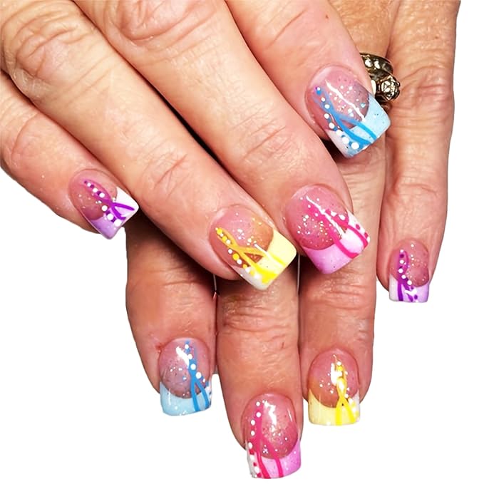 24Pcs Colorful French Press on Nails Polka Dot Stick on Fingernails Curve Line Short Square False Nails Glossy Silver Glitter Acrylic Fake Nail Pink Gradient Gel Glue on Nail for Coquette Women Girls