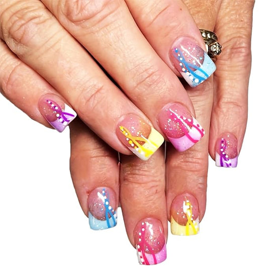 24Pcs Colorful French Press on Nails Polka Dot Stick on Fingernails Curve Line Short Square False Nails Glossy Silver Glitter Acrylic Fake Nail Pink Gradient Gel Glue on Nail for Coquette Women Girls