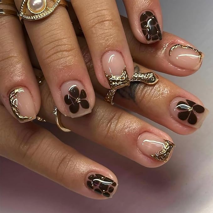24Pcs Chrome Gold French Tip Press on Nails Short Square Fake Nails with 3D Leopard Print Flower Design Glossy Gilding Acrylic Nails Glue on Nails Coffin Nail Tips Full Cover False Nails for Women