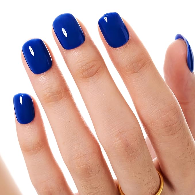 GLAMERMAID Extra Short Press on Nails 24PCS, Royal Blue Jelly Fall Gel Glue on Nails, Glossy Round Reusable UV Finish Fake Nails Acrylic False Nails Manicure Kits for Women