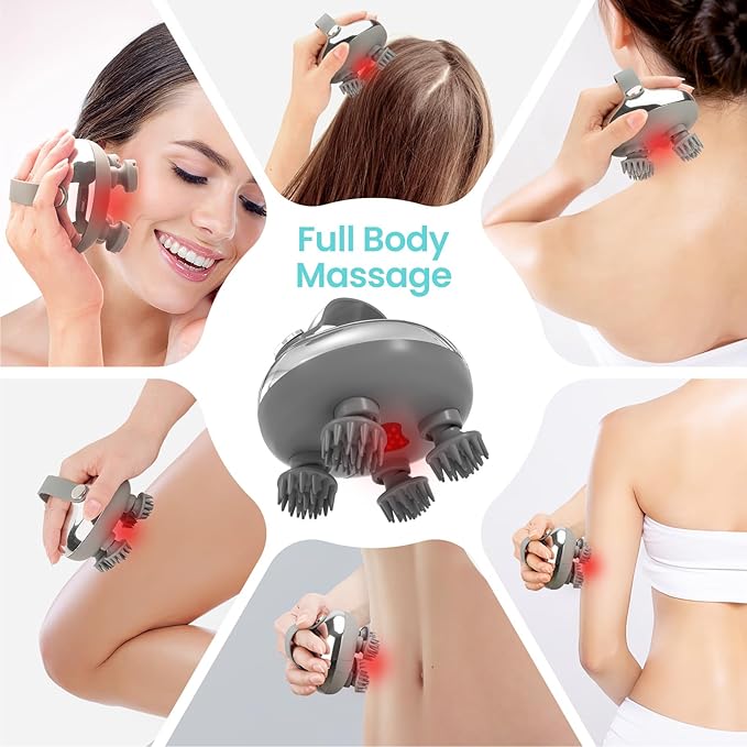 Portable Electric Scalp Massager - Rechargeable IPX7 Waterproof Heated Scalp Massager w/ 100 Kneading Nodes, 3 Speed Modes, 2 Massage Styles, 8 Claws for Scalp/Body Massage & Face Cleaning (Silver）