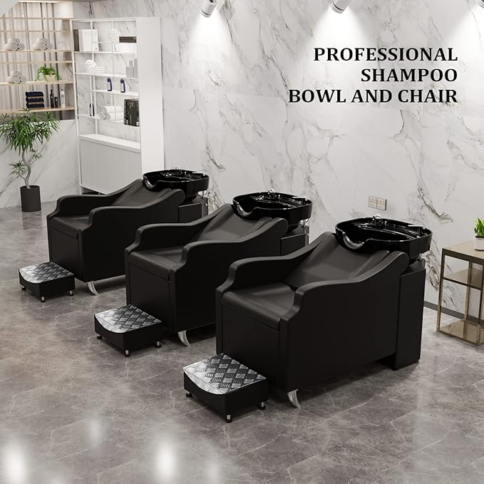 OmySalon Shampoo Backwash Unit with Large Porcelain Bowl, Salon Sink Hair Wash Chair Shampoo Station, Barbershop Beauty Spa Massage Hairdressing Equipment
