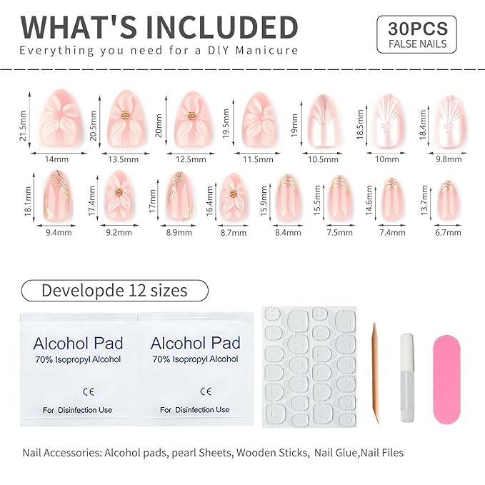 Short Press On Nails Almond – 3D Floral & Pearl Accent Nude Pink Fake Nails, 30Pcs Reusable Acrylic Stick On Nails with Gold Details, Glossy Soft Gel Look, DIY Manicure Kit for Women
