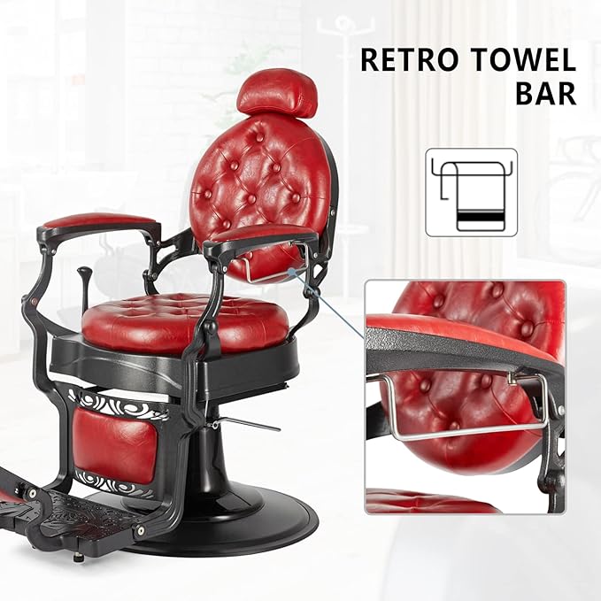 OmySalon Vintage Barber Chair Red All Purpose Heavy Duty, Hydraulic Recline Salon Beauty Styling Chair Retro Red, 360 Degree Swivel for Hair Stylist Tattoo, Round Base, Tufted Button
