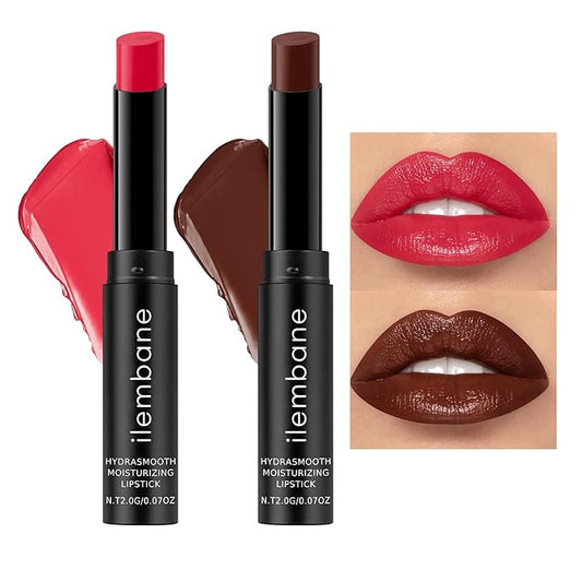 2-Pack Moisturizing Classic Red & Cocoa Lipstick Set – Hydrating Creamy Lip Color for Dry, Cracked Lips, Weightless Glossy Lip Balm with Vitamin E, Long Lasting Vegan Lipstick