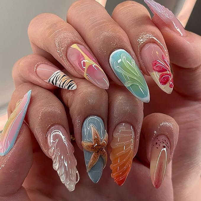 Summer Press on Nails Starfish Fake Nails Long French Tips False Nails Blue Orange Water Ripple Zebra Print Design Summer Glue on Nail Glossy Stick on Nail for Women Nail Art Accessories