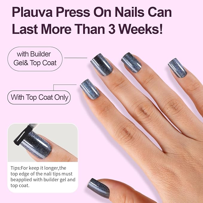 150Pcs Cat Eye Press on Nails, Plauva XS Short Square Cat Eye Nail Tips, Glossy Glitter Fake Nails, Soft Gel Stick On Nails for Women and Girls 15 Sizes