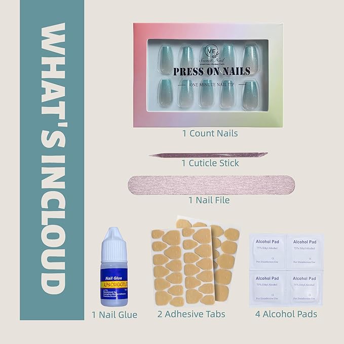 Mint Green Cat Eye Press On Nails - 30PCS Medium Coffin Nails, 9 Sizes for Smaller Nail Beds, Soft Back, Strong Tip, Universal Fit for Spring and Summer