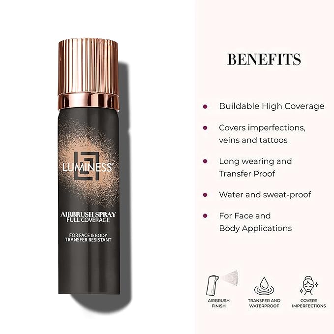 LUMINESS Airbrush Body Coverage - Tattoo Cover Up Makeup - Full Coverage Foundation for Face & Body - Water-Resistant, Long-Wear, Natural Radiant Finish, Light Medium