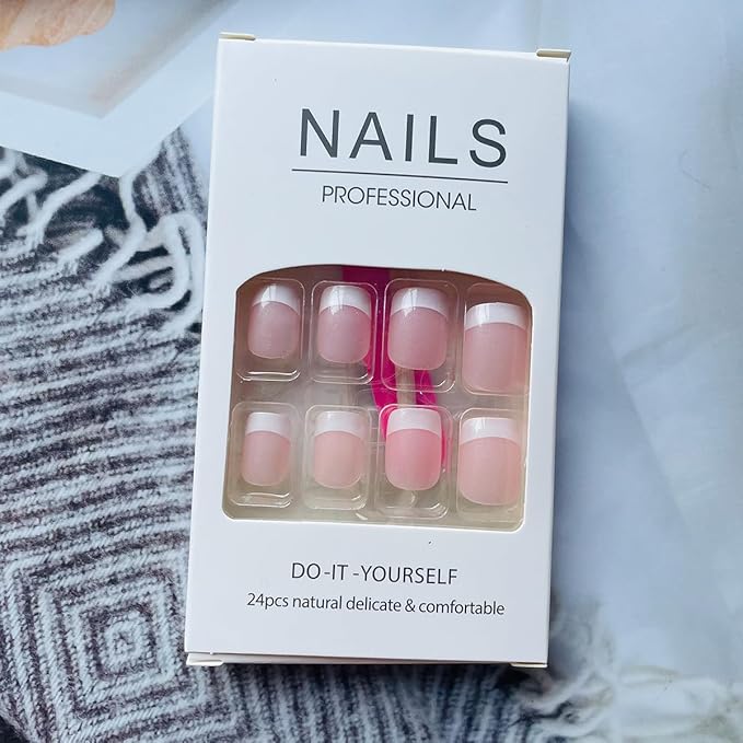 White French Tip Press on Nails Short Square Fake Nails Pink Stick on Nails Full Cover Acrylic False Nails Reusable Natural Glue on Nails With Nude Designs for Women Girl Salon Manicure 24pcs