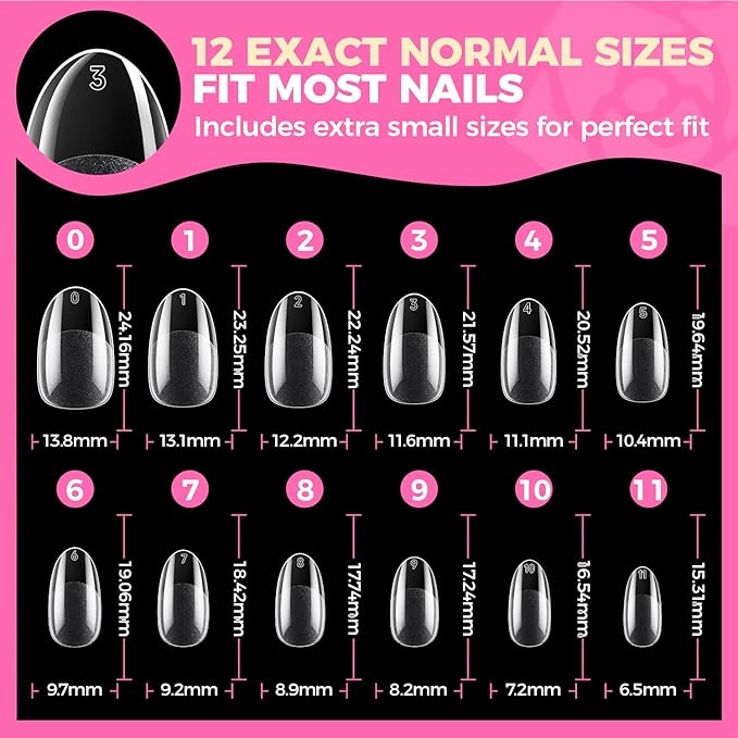 UNA GELLA Oval Fake Nails Pre-shape 504pcs Almond Gel Nail Tips Round Almond Press on Nails for Full Cover Acrylic Round Oval Full Nails False Nails 12 Sizes False Soft Gel Tips