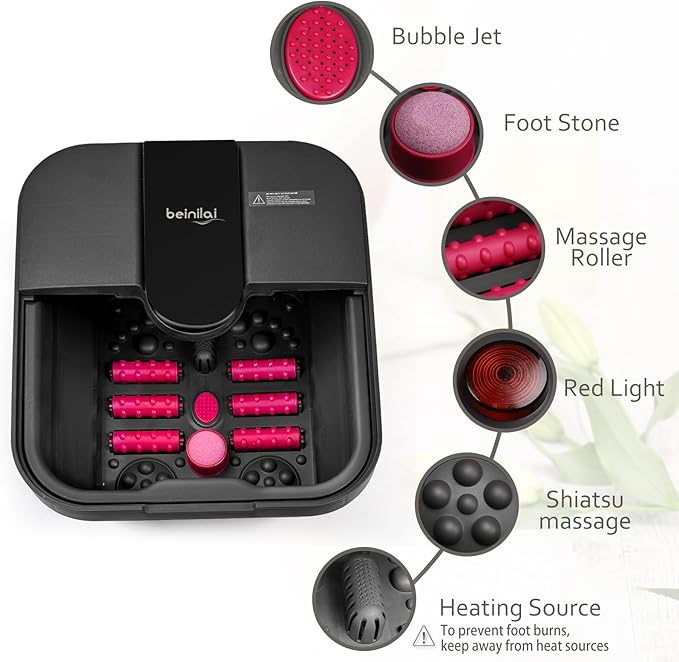 Beinilai Collapsible Foot Spa,Foot Bath with Heat and Massage and Bubble Jets,Foot Soak Tub with Six Non Motorized Rollers,Acupressure Massage Points,Red Light and Removable Pumice Stone
