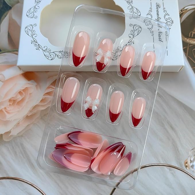 24Pcs Red French Tip Press on Nails Medium Almond Fake Nails with 3D Pearl Valentines False Nails Bow Nails Charms Glue on Nails Glossy Full Cover Stiletto Acrylic Nails for Women Girls Manicure