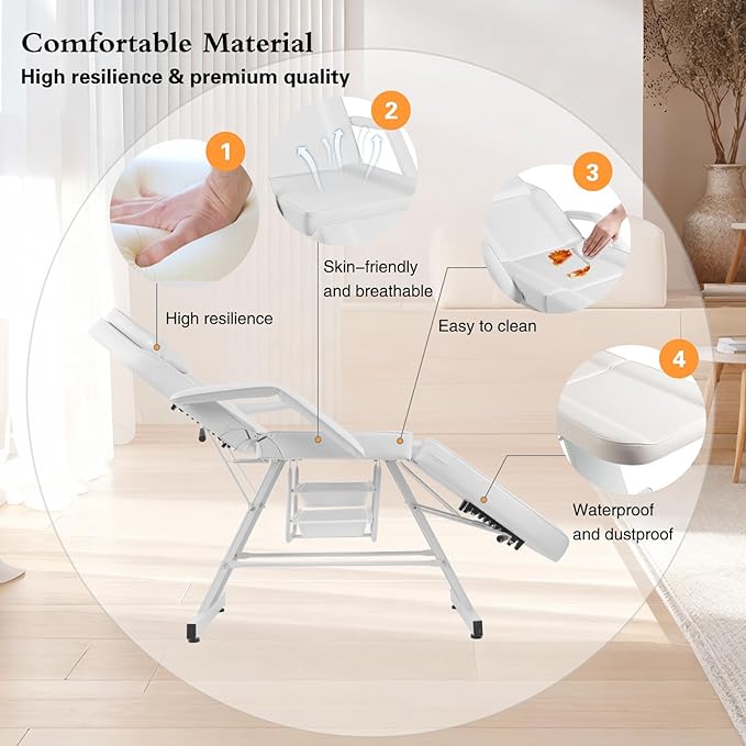 Facial Chair, Tattoo Chair Massage Bed with Hydraulic Stool for Professional Massage Facial Lash Beauty Spa, White