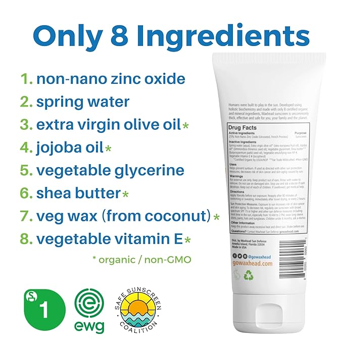 Waxhead Kids Sunscreen SPF 32, Zinc Oxide Mineral Sunblock for Face & Body, Baby & Toddler Safe, Pediatrician Recommended, Reef Safe, Non-Greasy, Tear-Free, Biodegradable, EWG 1 Rated (4oz)