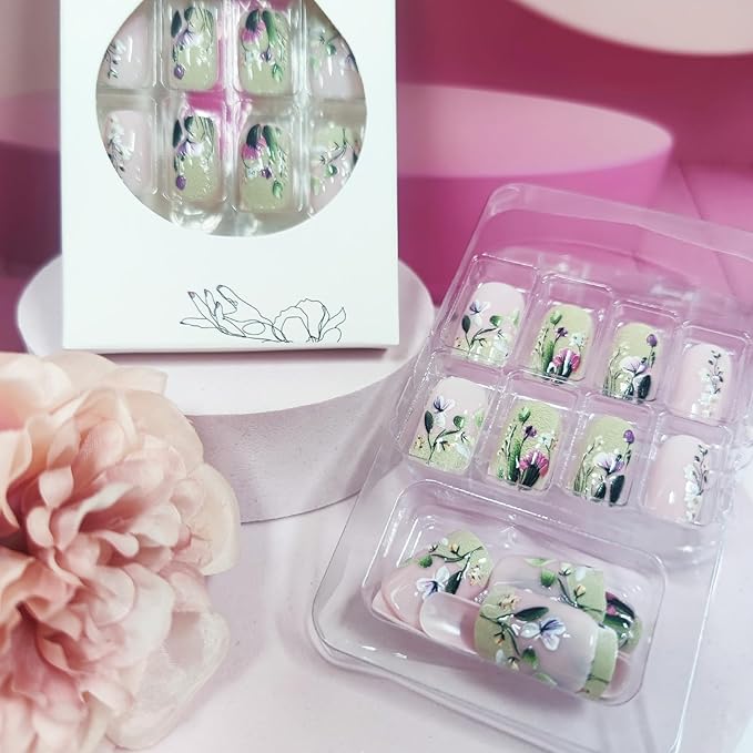 Spring Flower Press on Nails Short Square Acrylic False Nails Green Leaves Stick on Nails 24Pcs Glossy French Tips Fake Nails Colorful Flowers Gel Glue on Nails for Coquette Women Girls