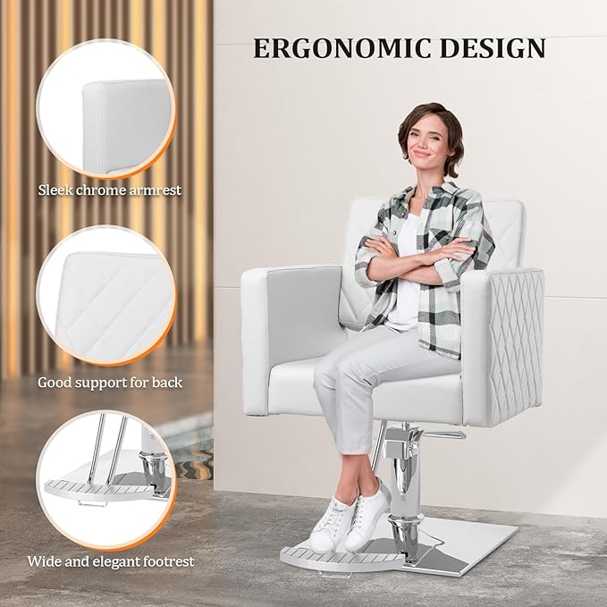 Salon Chair for Hair Stylist Wide Seat, Hydraulic Barber Chair with Aluminium Alloy Footrest, White Hair Salon Chair Styling Heavy Duty, Beauty Spa Cosmetology Shampoo Hairdressing Equipment
