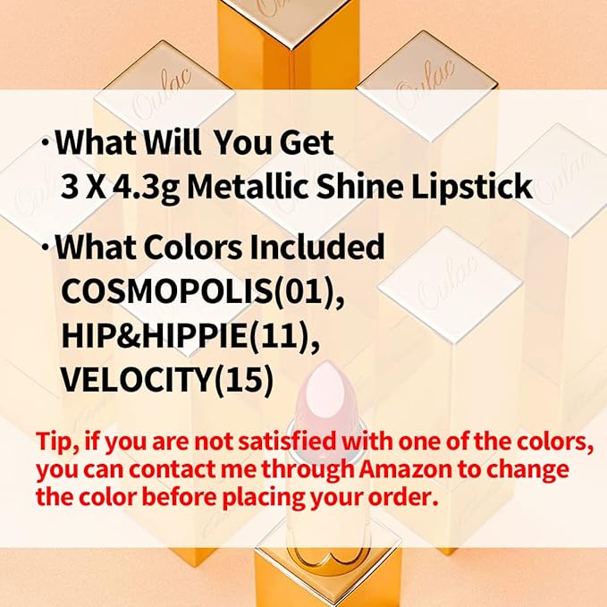 Oulac Metallic Pink Lipstick Set 3PCS High Impact Lipcolor with Moisturizing Formula, Vegan Beauty, Full-Coverage Lip Color, Christmas Gifts for Women, 4.3g X 3PCS