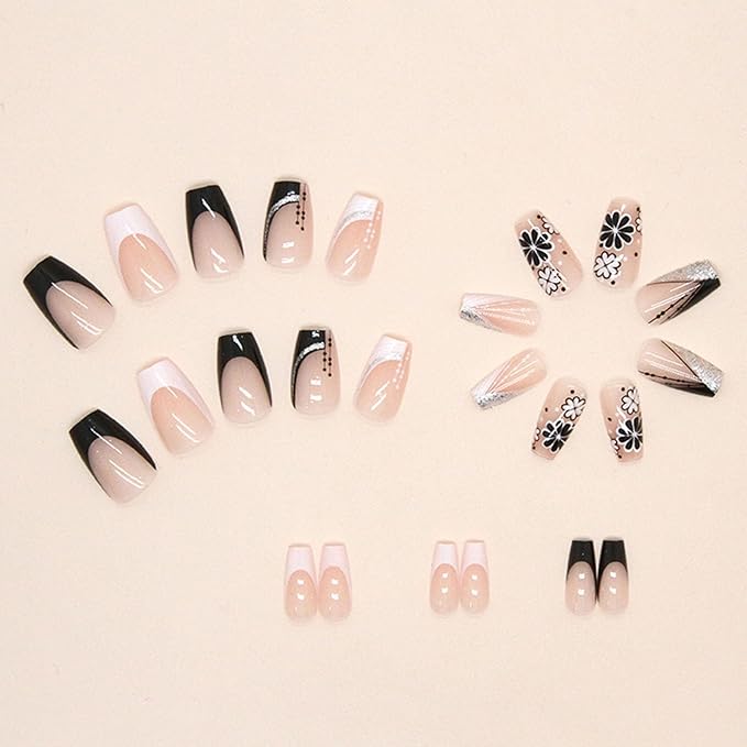 Spring Press on Nails Short Coffin Fake Nails with Flower Designs Black White French Nails Press ons Glossy Glue on Nails Cute Acrylic Nails Nude False Nails Summer Stick on Nails for Women 24Pcs