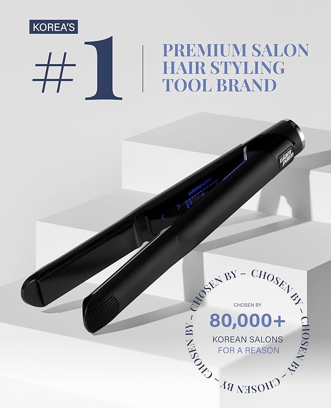 GLAMPALM Hair Straightener 1" Ceramic Flat Iron Infused with Vita C, Korea's No.1 Professional Salon Tool, 3D Swivel Cord & Dual Voltage, Digital LED(210°–450°), 20s Fast Heat-Up, Pure Black (GP201T)