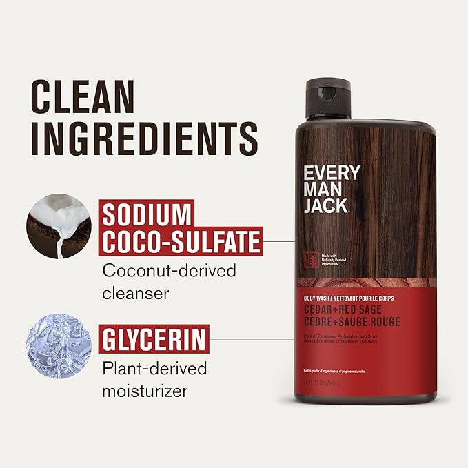 Every Man Jack Nourishing Cedar + Red Sage Mens Body Wash for All Skin Types - Naturally Derived Ingredients - Cleanse and Hydrate Skin with Coconut and Glycerin - 24oz 2 Bottles