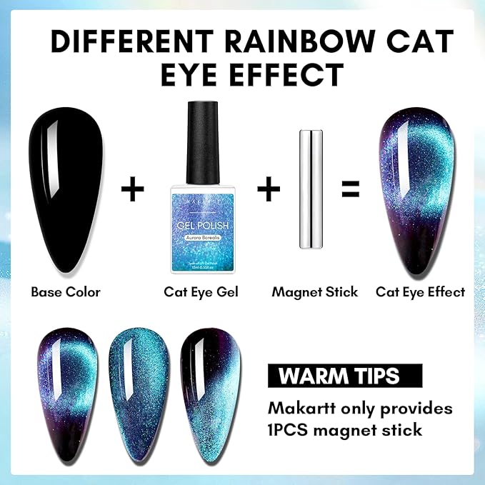 Makartt Blue Cat Eye Gel Nail Polish: Magnetic Glitter Gel Polish Soak-Off UV/LED with Aurora Effect, Long-Lasting Black Hole Shine, Comes with Magnet Stick Salon Home Nail Art 10ml
