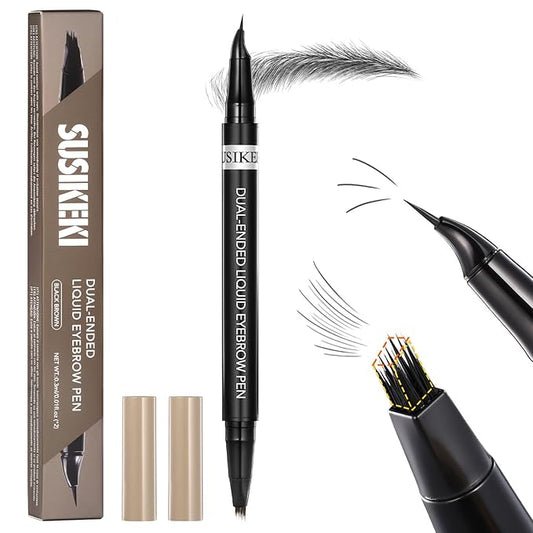 Dual-Ended Microblading Eyebrow Pencil for Women, 2 in 1 Liquid Eyebrow Pencil with Curved Tip and 4D Brow-Fection Microblading Pen, Shaped Fill HairLike Waterproof Lasting Eyebrows 05 Black