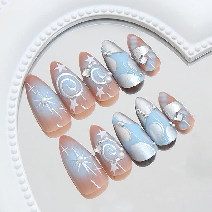 24Pcs Glitter Y2k Press on Nails Medium Almond Fake Nails Metallic Silver Star Irregular Lines Pearl Patterns French Press on False Nails Full Cover Glossy Acrylic Nails Stick on Goth Artificial Nail