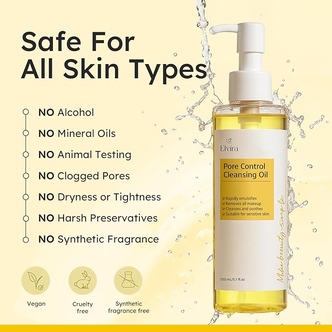 Elvira Pure Cleansing Oil, Makeup Remover & Blackheads Pore Cleanser, Jojoba Oil Cleanser for Face, Korean Skin Care, Plant-based, for Sensitive Skin, Hydrating, Fragrance-Free