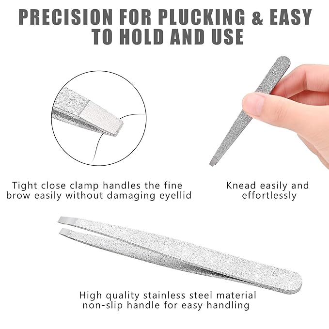 Eyebrow Tweezer Set, 4 Pcs Professional Stainless Steel Tweezers for Women, Precision Tweezer for Facial Hair, Splinter and Ingrown Hair Removal（Bright silver）