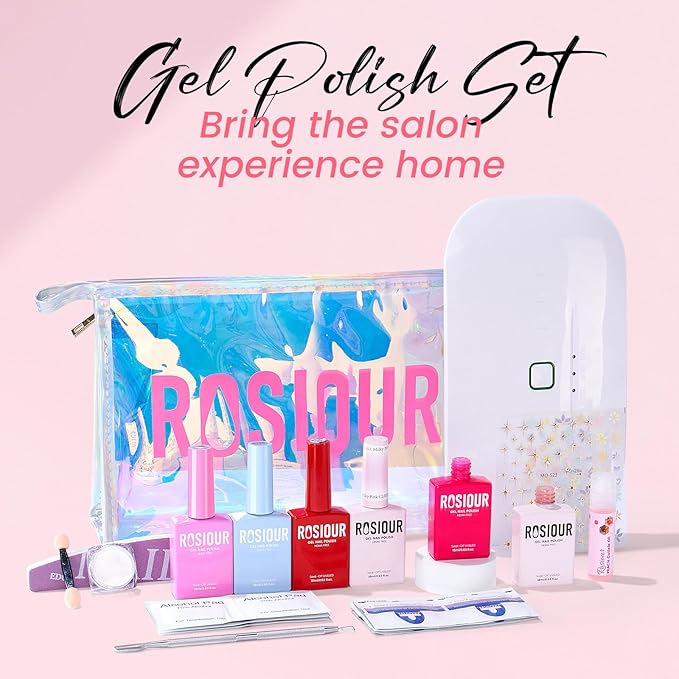 Gel Nail Polish Kit with U V Light, Hema-Free Bright Red Light Baby Pink Violet Pink Summer Gel Polish Set with Base & Top Coat Chrome Nail Powder, 4 Colors Mini Salon Nail Art Starter Gift for Women