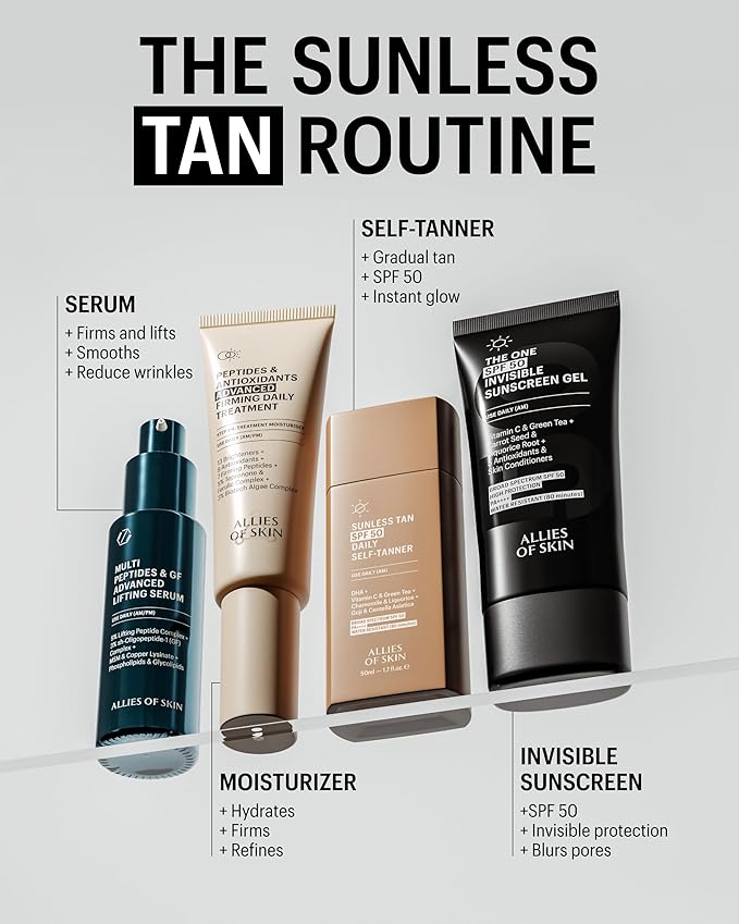 Allies of Skin Daily SPF 50 Daily Self Tanner for Face | Buildable Natural Tan with Sunscreen and Vitamin C | Lightweight Gel Formula for Streak-Free Finish and Glow (1.7 Fl oz)