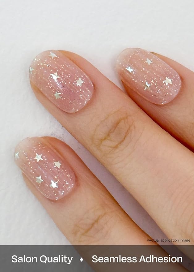 ohora Semi Cured Gel Nail Strips (N Milky Star) - Works with Any Nail Lamps, Salon-Quality, Long Lasting, Easy to Apply & Remove - Includes 2 Prep Pads, Nail File & Wooden Stick