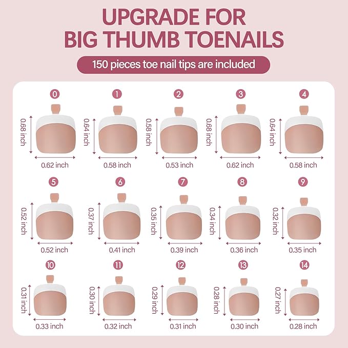 Vansiho 150 pcs Fake Toe Nail Tips Press on, French Tip Soft Gel Toenail Extension, Square Round Toenail Pre-applied Tip Primer & Base Coat, Soft Gel Fake Toe Nails for Home DIY 15 Sizes
