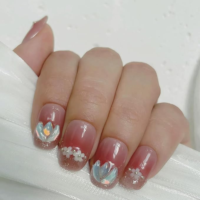 Tomato Red Short Squoval Press on Nails 30pcs with 3D Floral Design, Soft Fit Back, Durable Front Edge, Reusable Full Cover Fake Nails for Daily, Party, Wedding