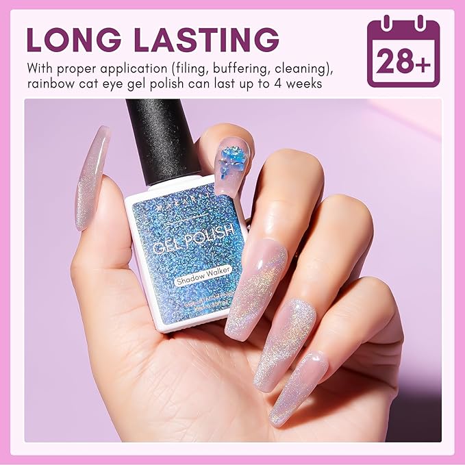 Makartt Rainbow Cat Eye Gel Nail Polish: Glitter Universal 9D Holographic Sparkly Soak Off Gel UV/LED Manicure with Magnet Stick for Nail Art Designs 10ml