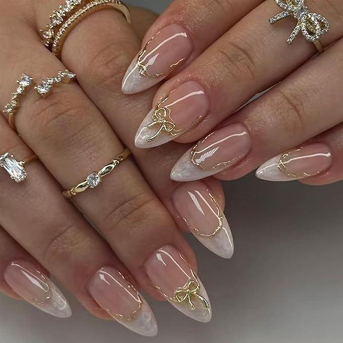 White French Tip Press on Nails Short Almond Fake Nails 3D Gold Chrome Bow Designs Glossy French False Nails Full Cover Acrylic Stick on Nails Artificial Glue on Nails for Women 24 Pcs