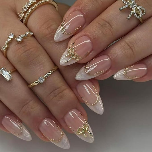 White French Tip Press on Nails Short Almond Fake Nails 3D Gold Chrome Bow Designs Glossy French False Nails Full Cover Acrylic Stick on Nails Artificial Glue on Nails for Women 24 Pcs