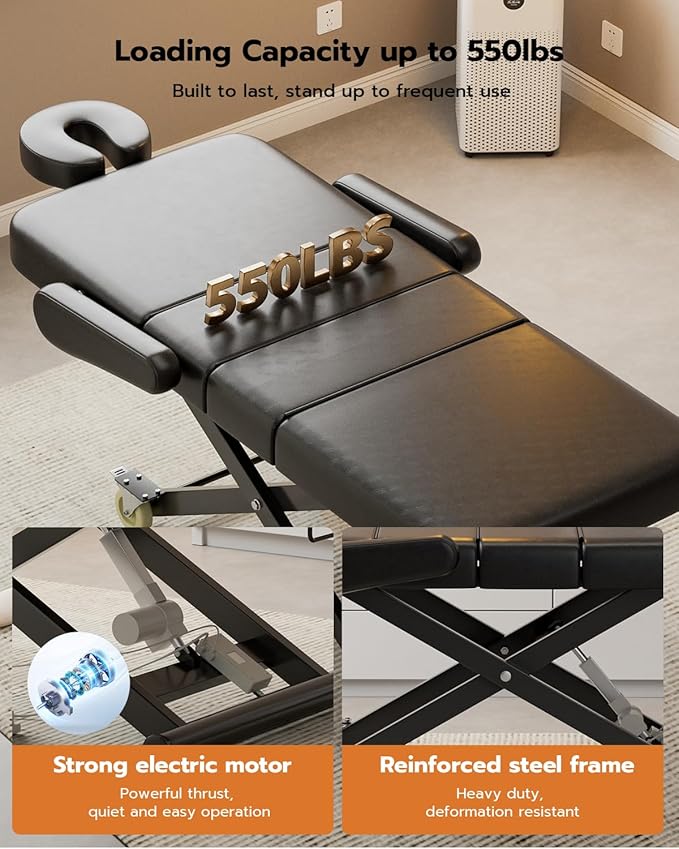 Paddie 3 Motor Fully Electric Lash Bed with Face Cradle & Foot Pedal, 550lbs Electric Lift Massage Table with Independent Leg Adjustment & Rolling Wheels, Dental/Exam/Treatment/Spa/Tattoo, Black