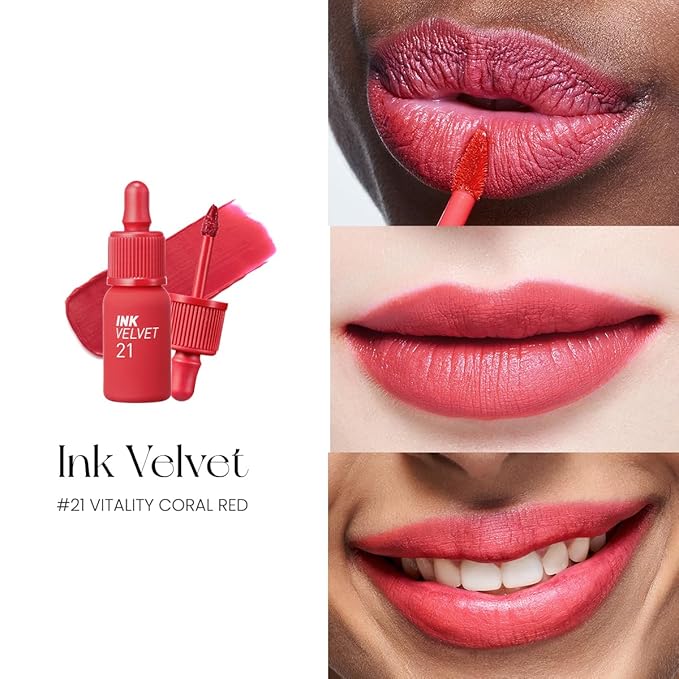 Peripera Ink the Velvet Lip Tint - High Pigment Color, Longwear, Weightless, Not Animal Tested, Gluten-Free, Paraben-Free (021 VITALITY CORAL RED)