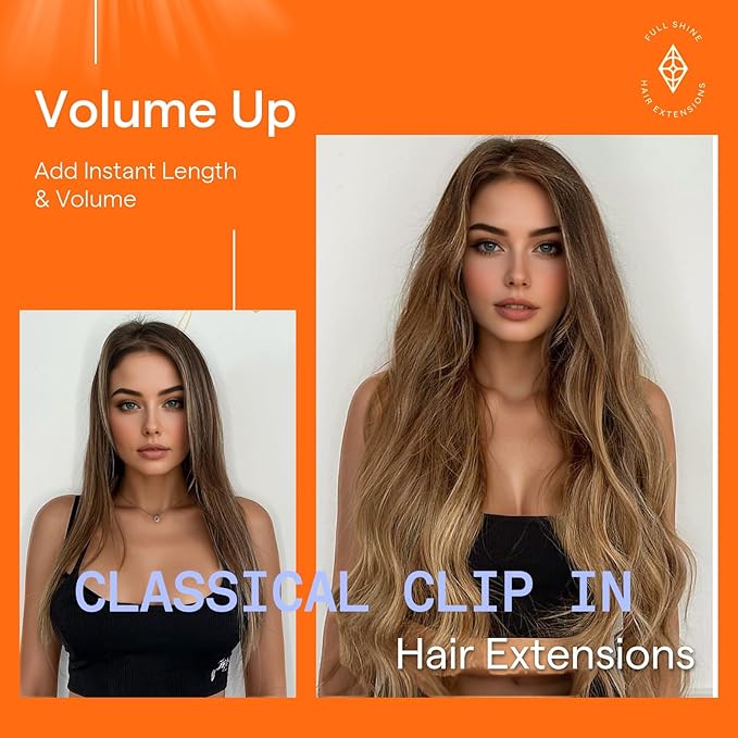 Full Shine Hair Extensions Clip ins Balayage Light Brown To Honey Blonde Clip in Hair Extensions 16 Inch 120 G 7 Pcs