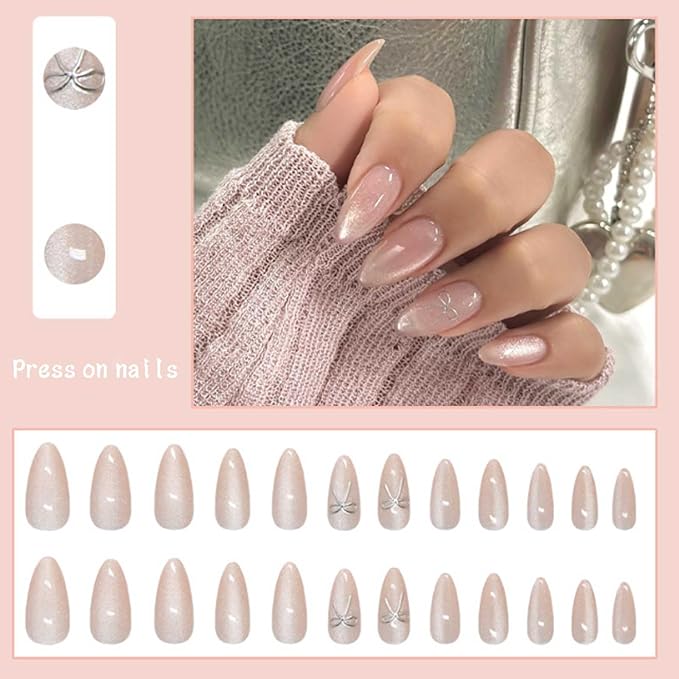 Hkanlre Cat Eyes Press on Nails Almond Pink Fake Gradient Nails Tips Full Cover False Medium Nails for Women 24PCS
