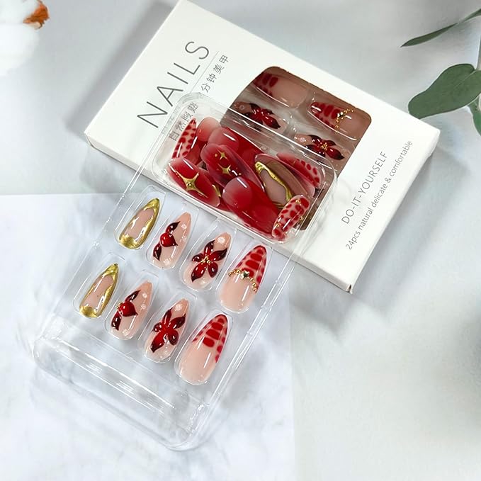 24Pcs Red Flower Press on Nails Medium Almond Fake Nails with 3D Floral Beads Designs Full Cover Acrylic False Nail Tips Tortoise Shell Gold Star Glue on Nails for Women Manicure Kit