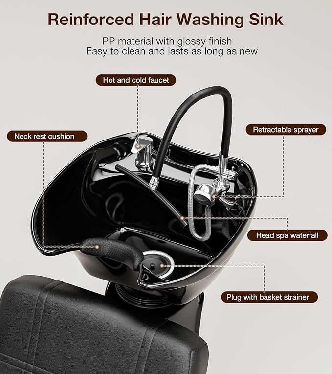 SyyBhb Shampoo Chair and Bowl for Salon, Head Spa Waterfall and Sprayer, Tilting ABS Bowl, Distance Adjustable Seat, Barbershop Spa Equipment