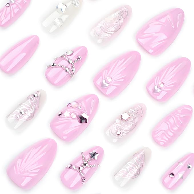24Pcs Pink Press on Nails Medium Almond Fake Nails with 3D Star Rhinestones Pearl Design Ocean Shells Sweet Acrylic False Nails Spring Cute Butterfly White Glue on Nails for Manicure Decor